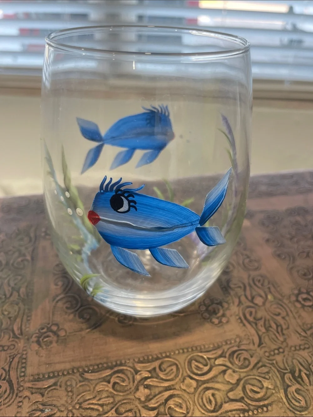 Hand-Painted Blue Fish Stemless Glass - Decorative Aquatic Accent